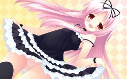 Rule 34 | :d, clothes lift, cuffs (company), garden (game), hair ribbon, highres, himemiya ruri, long hair, natsume eri, off shoulder, open mouth, panties, pink hair, pink panties, red eyes, ribbon, skirt, skirt lift, smile, solo, thighhighs, underwear, wallpaper