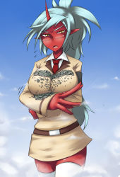 Rule 34 | 10s, 1girl, blue hair, blush, breasts, cloud, day, demon, demon girl, fang, giant, giantess, glasses, highres, horns, huge giantess, kneesocks (psg), large breasts, panty &amp; stocking with garterbelt, pointy ears, rubble, school uniform, single horn, sky, solo, terada ochiko, thighhighs, white thighhighs, yellow eyes, zettai ryouiki