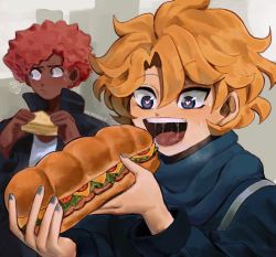 Rule 34 | 2boys, artist name, blonde hair, blue eyes, blue nails, charley (ms pigtails), cheese, dark-skinned male, dark skin, food, heart, heart-shaped pupils, highres, holding, holding food, lettuce, meat, multiple boys, nail polish, open mouth, original, pink hair, sandwich, sergey (ms pigtails), short hair, sky guy art, submarine sandwich, symbol-shaped pupils, tomato, upper body