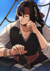 Rule 34 | 1boy, bags under eyes, black hair, black vest, boku no hero academia, bracelet, closed mouth, collarbone, cosplay, eraser head (boku no hero academia), eyepatch, facial hair, fingernails, goatee, headband, highres, indian style, jack sparrow, jack sparrow (cosplay), jewelry, looking to the side, male focus, multiple bracelets, mustache, outdoors, pectoral cleavage, pectorals, pirate, pirates of the caribbean, red headband, rnuyvm, rope, rum, scar, scar across eye, ship deck, shirt, sitting, solo, sparse stubble, vest, white shirt