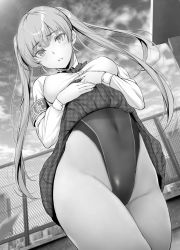 Rule 34 | 1girl, blush, breasts, clothes lift, cloud, commentary request, competition swimsuit, covered navel, gentsuki, greyscale, highres, lifted by self, long hair, long sleeves, looking at viewer, medium breasts, monochrome, one-piece swimsuit, original, outdoors, skirt, skirt lift, sky, solo, standing, swimsuit, swimsuit under clothes, thighs, translation request, twintails