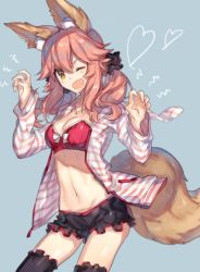Rule 34 | 10s, 1girl, ;d, animal ears, bad id, bad twitter id, black thighhighs, blue background, bow, bow bra, bra, breasts, chocoan, claw pose, cleavage, cowboy shot, fate/extra, fate (series), fox ears, fox tail, heart, jacket, jewelry, low twintails, navel, necklace, official alternate costume, one eye closed, open clothes, open jacket, open mouth, pink hair, red bra, scrunchie, short shorts, shorts, smile, solo, striped clothes, striped jacket, tail, tamamo (fate), tamamo no mae (fate/extra), tamamo no mae (spring casual) (fate), thighhighs, twintails, underwear, yellow eyes, zettai ryouiki