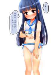 Rule 34 | 1girl, bikini, blue bow, blue hair, blue sailor collar, blush, bow, child, commentary request, flat chest, hand on own stomach, highres, hikami izuto, idolmaster, idolmaster cinderella girls, legs, long hair, looking down, navel, parted lips, red eyes, sailor collar, sailor swimsuit (idolmaster), sajo yukimi, sidelocks, solo, speech bubble, star bracelet, stomach, swimsuit, thighs, translation request, white background, white bikini