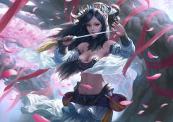 Rule 34 | 1girl, absurdres, armlet, bare shoulders, black hair, blue eyes, breasts, chin lik hui, cleavage, commentary request, day, detached sleeves, highres, holding, holding knife, knife, large breasts, long hair, looking at viewer, midriff, navel, nose, parted bangs, parted lips, petals, ribbon, solo