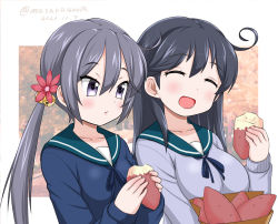 Rule 34 | 2girls, ahoge, akebono (kancolle), bag, bell, black hair, blue sailor collar, blue sweater, breasts, commentary request, dated, closed eyes, food, grey hair, grey sweater, hair bell, hair ornament, kantai collection, masara (chuujou), medium breasts, multiple girls, open mouth, paper bag, purple eyes, sailor collar, school uniform, serafuku, small breasts, smile, sweater, sweet potato, twitter username, ushio (kancolle)