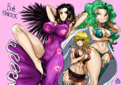 Rule 34 | 3girls, armpits, arms up, bare arms, bare shoulders, bikini, black hair, blonde hair, boa hancock, boa sandersonia, breasts, cape, cleavage, closed mouth, dress, earrings, forehead, green bikini, green eyes, green hair, green legwear, high heels, highres, jewelry, large breasts, loincloth, long hair, looking at viewer, marguerite (one piece), matching hair/eyes, multiple girls, narrow waist, one piece, open mouth, parted lips, pink hair, purple dress, short hair, simple background, single thighhigh, size difference, skin tight, smile, swimsuit, the golden smurf, thighhighs, wavy hair