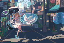 Rule 34 | 1girl, :d, bird, black cat, blonde hair, blue eyes, blurry, blurry foreground, brown footwear, bubble, bug, butterfly, cat, day, depth of field, dove, dress, floating, flower, frog, hair ornament, hairclip, highres, holding, holding umbrella, hydrangea, bug, open mouth, original, outdoors, plant, potted plant, power lines, purple flower, road, shade, shadow, shoes, short dress, short hair, sign, smile, solo, street, umbrella, utility pole, vofan, white dress, white umbrella