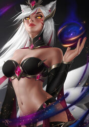 Rule 34 | 1girl, ahri (league of legends), animal ears, bandeau, breasts, detached collar, detached sleeves, facial mark, fox ears, fox girl, fox tail, league of legends, lips, long hair, looking at viewer, medium breasts, multicolored hair, multiple tails, navel, nixri, pink hair, slit pupils, solo, streaked hair, tail, whisker markings, white hair, yellow eyes