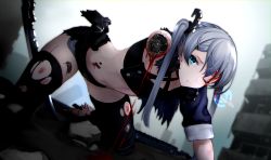 Rule 34 | 1girl, absurdres, all fours, android, asagon007, black shorts, black thighhighs, blood, blood on face, blue eyes, grey hair, hair between eyes, hair ornament, highres, injury, long hair, looking at viewer, mechanical parts, midriff, navel, one eye closed, original, outdoors, ruins, short shorts, shorts, solo, stomach, sword, thighhighs, torn clothes, torn thighhighs, twintails, weapon