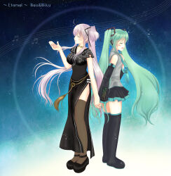 Rule 34 | 2girls, :d, ^ ^, ahoge, aqua hair, back-to-back, black dress, black footwear, black ribbon, black skirt, black sleeves, black thighhighs, blue necktie, boots, breasts, brown thighhighs, china dress, chinese clothes, closed eyes, collarbone, crossover, detached sleeves, dress, floral print, full body, grey hair, grey shirt, hair ribbon, hand on own chest, hand up, hatsune miku, highres, interlocked fingers, jewelry, long hair, long sleeves, mabinogi, medium breasts, miniskirt, multiple girls, musical note, nao (mabinogi), neck ring, necktie, open mouth, print dress, ribbon, shararan, shirt, shoes, side slit, sidelocks, skirt, smile, staff (music), standing, thigh boots, thighhighs, twintails, very long hair, vocaloid, zettai ryouiki