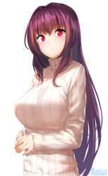 Rule 34 | 1girl, artist name, commentary request, fate/grand order, fate (series), highres, long hair, long sleeves, looking at viewer, marshall (wahooo), purple hair, red eyes, ribbed sweater, scathach (fate), simple background, solo, sweater, turtleneck, turtleneck sweater, upper body, white background, white sweater