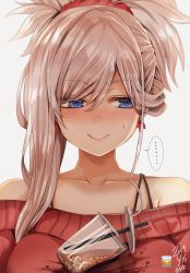Rule 34 | ..., 1girl, asymmetrical hair, bare shoulders, blue eyes, blush, bra strap, breasts, bubble tea, bubble tea challenge, closed mouth, cup, dated, dirty, dirty clothes, disposable cup, drinking straw, fate/grand order, fate (series), folded ponytail, grey hair, hair between eyes, highres, hoshi san 3, large breasts, looking away, looking to the side, miyamoto musashi (fate), off-shoulder sweater, off shoulder, red sweater, simple background, smile, solo, spoken ellipsis, sweatdrop, sweater, upper body, wet, wet clothes, white background