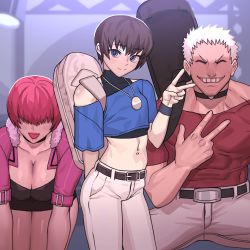 Rule 34 | 1girl, 2boys, belly piercing, belt, blue eyes, breasts, brown hair, byunsang, case, choker, chris, cleavage, dress, closed eyes, highres, instrument case, jacket, jewelry, large breasts, crop top, multiple boys, nanakase yashiro, necklace, pants, red hair, shermie (kof), shirt, snk, the king of fighters, trap, white hair, wristband