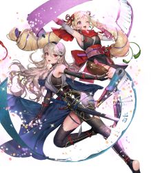 Rule 34 | 2girls, alternate costume, blonde hair, corrin (female) (fire emblem), corrin (fire emblem), elise (fire emblem), female focus, fingerless gloves, fire emblem, fire emblem fates, fire emblem heroes, full body, gloves, hair ornament, hairband, highres, japanese clothes, long hair, multicolored hair, multiple girls, ninja, nintendo, official alternate costume, official art, one eye closed, pelvic curtain, pointy ears, purple eyes, red eyes, scroll, sencha (senchat), sheath, sheathed, shin guards, silver hair, sword, thighhighs, thighs, transparent background, two-tone hair, weapon, wink
