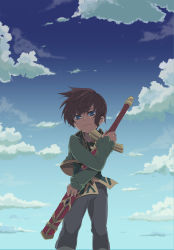 Rule 34 | 1boy, asbel lhant, bad id, bad pixiv id, blue eyes, brown hair, cloud, day, green shirt, male focus, sekigawa, sheath, sheathed, shirt, sky, solo, sword, tales of (series), tales of graces, weapon, aged down
