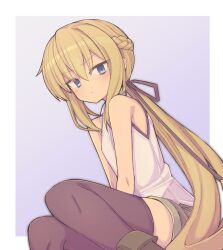 1girl absurdres black_thighhighs blonde_hair blue_eyes blush boots border braid brown_footwear closed_mouth commentary_request hair_between_eyes hair_ribbon half_up_braid highres konnyakugozen long_hair looking_at_viewer original outside_border ribbon sitting solo thighhighs v-shaped_eyebrows very_long_hair white_border