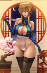 Rule 34 | 1girl, ahoge, artoria pendragon (all), artoria pendragon (fate), black thighhighs, blonde hair, blue gloves, blurry, blurry background, bonsai, braid, braided bun, breasts, china dress, chinese clothes, cleavage cutout, clothing cutout, covered navel, crescent moon, dress, elbow gloves, fate/grand order, fate (series), folded fan, folding fan, gloves, green eyes, hair between eyes, hair bun, hand fan, heattech leotard, highleg, highleg leotard, highres, large breasts, leotard, limgae, moon, saber (fate), see-through, short hair, sleeveless, smile, solo, thighhighs, turtleneck, watermark, web address