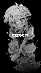 Rule 34 | 1boy, basil (faraway) (omori), basil (omori), collared shirt, crying, crying with eyes open, fjsk, flower, greyscale, hair flower, hair ornament, highres, kneeling, looking at viewer, monochrome, omori, parted lips, shirt, short hair, short sleeves, shorts, solo, sweater vest, tears, teeth