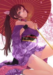Rule 34 | 1girl, between breasts, grabbing another&#039;s breast, breasts, brown eyes, brown hair, cherry blossoms, collar, covering privates, covering breasts, glasses, grabbing, head tilt, highres, japanese clothes, kneeling, large breasts, long hair, maeda risou, oil-paper umbrella, open clothes, original, parasol, ponytail, sidelocks, smile, solo, umbrella