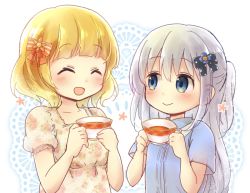 Rule 34 | 2girls, :d, ^ ^, blonde hair, blue bow, blue eyes, blue hair, blue shirt, blunt bangs, blush, bow, breasts, casual, closed eyes, closed mouth, collarbone, commentary request, cup, doily, dress, flat chest, floral print, gochuumon wa usagi desu ka?, hair bow, half updo, holding, holding cup, kafuu chino, katamari (haruumi00), kirima syaro, light blue hair, long hair, looking at another, multiple girls, open mouth, orange bow, polka dot, polka dot bow, puffy short sleeves, puffy sleeves, shirt, short hair, short sleeves, sidelocks, small breasts, smile, striped, striped bow, tea, teacup, wavy hair, white background