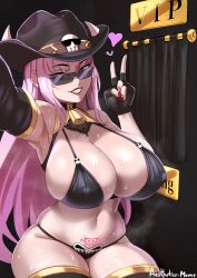 Rule 34 | 1girl, absurdres, aestheticc-meme, alternate breast size, armpits, bell, bikini, blush, breasts, cleavage, cowbell, cowboy hat, hat, highres, hololive, hololive english, huge breasts, jewelry, long hair, mori calliope, navel, pink eyes, pink hair, skull, smile, solo, string bikini, swimsuit, tattoo, thick thighs, thighhighs, thighs, v, virtual youtuber
