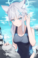 Rule 34 | 1girl, absurdres, animal ear fluff, animal ears, black one-piece swimsuit, blue archive, blue eyes, blue halo, breasts, collarbone, covered navel, day, grey hair, hair tucking, halo, highres, long hair, medium breasts, one-piece swimsuit, outdoors, parted lips, partially submerged, shiroko (blue archive), shiroko (swimsuit) (blue archive), solo, swimsuit, wet, wet clothes, wet swimsuit, wolf ears, wolf girl, yuu maraa
