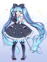 Rule 34 | 1girl, absurdly long hair, aqua necktie, black bow, black skirt, black thighhighs, blue background, blue eyes, blue hair, blush, boots, bow, collared shirt, full body, gloves, gradient background, hair between eyes, hair bow, hatsune miku, headphones, highres, long hair, looking at viewer, magical mirai (vocaloid), magical mirai miku, magical mirai miku (2016), mechuragi, microphone, microphone stand, necktie, open mouth, over-kneehighs, petticoat, pigeon-toed, shirt, skirt, sleeveless, sleeveless shirt, smile, solo, sparkle, standing, striped clothes, striped skirt, teeth, thigh boots, thighhighs, twintails, vertical-striped clothes, vertical-striped skirt, very long hair, vocaloid, white gloves, wing collar, wrist cuffs