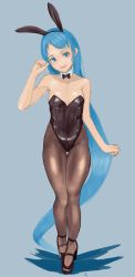 Rule 34 | 1girl, absurdres, animal ears, bare shoulders, black bow, black bowtie, black footwear, black leotard, black pantyhose, blue background, blue eyes, blue hair, bow, bowtie, breasts, commentary request, count0x00, detached collar, fake animal ears, full body, gradient hair, highres, kantai collection, leotard, long hair, multicolored hair, pantyhose, playboy bunny, rabbit ears, samidare (kancolle), simple background, small breasts, solo, standing, strapless, strapless leotard, swept bangs, thigh gap, very long hair