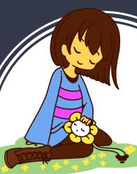 Rule 34 | 1other, androgynous, bad id, bad pixiv id, blue shirt, boots, brown footwear, brown hair, brown pants, closed eyes, closed mouth, colored skin, cross-laced footwear, flower, flowey (undertale), frisk (undertale), full body, grass, hand on another&#039;s head, happy, lap pillow, muguet, pants, shirt, short hair, sitting, sleeping, sleeves past wrists, smile, striped clothes, striped shirt, two-tone background, undertale, wariza, yellow flower, yellow skin