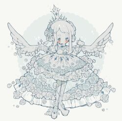 Rule 34 | 1girl, adoptable, asymmetrical legwear, blue eyes, blunt bangs, blush, blush stickers, bow, bowtie, braid, chibi, circle, closed mouth, commentary, crown, dress, dress flower, english commentary, expressionless, eyelashes, feathered wings, flower, french braid, frilled dress, frilled footwear, frilled sleeves, frills, hair flower, hair ornament, high heels, highres, holding, holding staff, juliet sleeves, layered dress, littlebluemuffin, long dress, long sleeves, original, pantyhose, princess, puffy sleeves, rose, see-through dress layer, short hair, sidelocks, single leg pantyhose, sparkle, staff, striped clothes, striped pantyhose, thick eyebrows, vertical-striped clothes, vertical-striped pantyhose, vine on leg, white background, white bow, white bowtie, white dress, white flower, white footwear, white hair, white headwear, white pantyhose, white rose, white wings, wings
