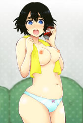 Rule 34 | 1girl, black hair, blue eyes, blue panties, blush, bow, bow panties, breasts, can, collarbone, cowboy shot, dot nose, dr pepper, drink can, embarrassed, female focus, large breasts, navel, nipples, open mouth, panties, polka dot, polka dot background, shiina mayuri, short hair, simple background, soda can, solo, standing, steins;gate, stomach, teeth, thick eyebrows, tongue, topless, towel, towel around neck, underwear, upper teeth only