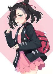 Rule 34 | 1girl, absurdres, asymmetrical bangs, backpack, bag, black choker, black hair, black jacket, black nails, blush, choker, commentary request, creatures (company), dress, fingernails, game freak, green eyes, hair ribbon, hand up, highres, jacket, long sleeves, looking at viewer, marnie (pokemon), nail polish, nintendo, nose blush, open clothes, open jacket, parted lips, pink background, pink dress, pokemon, pokemon swsh, racchi., red ribbon, ribbon, sleeves past wrists, solo, sweat, twintails, two-tone background, white background