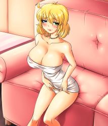 Rule 34 | 10s, 1girl, :p, ahoge, areola slip, bare shoulders, blonde hair, blue eyes, blush, breasts, cameltoe, cleavage, clothes lift, couch, covered erect nipples, dress, dress lift, evil-dei, female focus, green eyes, heterochromia, highres, large breasts, looking at viewer, no bra, panties, ryouna (senran kagura), senran kagura, sitting, smile, solo, tongue, tongue out, towel, underwear, white dress, white panties