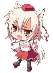 Rule 34 | &gt;:(, 1girl, angry, animal ears, aria (koiiroharemoyou), bad id, bad pixiv id, blush, chibi, detached sleeves, frown, hat, highres, inubashiri momiji, open mouth, pantyhose, red eyes, short hair, simple background, skirt, solo, tail, tokin hat, touhou, v-shaped eyebrows, waving, white background, white hair, wolf ears, wolf tail