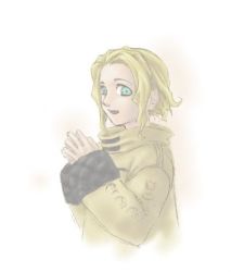 Rule 34 | 1girl, blonde hair, coat, dominique cross, female focus, gradient background, green eyes, koufuu, lowres, pale color, short hair, solo, the bouncer, white background