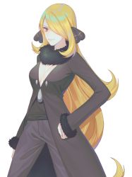 Rule 34 | 1girl, bad id, bad twitter id, blonde hair, breasts, brown coat, cleavage, closed mouth, coat, commentary request, creatures (company), cynthia (pokemon), eyelashes, fur-trimmed coat, fur collar, fur trim, game freak, grey eyes, hair ornament, hair over one eye, hand on own hip, highres, legs apart, long hair, long sleeves, nintendo, pants, pokemon, pokemon dppt, pokemon sue, shirt, simple background, smile, solo, very long hair, white background