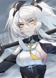 Rule 34 | 1girl, absurdres, breasts, closed mouth, cloud, cloudy sky, detached sleeves, grey hair, hair between eyes, highres, holding, holding polearm, holding weapon, karenina: scire (punishing: gray raven), karenina (punishing: gray raven), kongbai huanxiang, long hair, long sleeves, necktie, orange eyes, polearm, punishing: gray raven, sideboob, sidelocks, sky, small breasts, two side up, weapon, yellow necktie