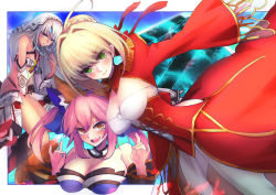 Rule 34 | &gt;:), &gt;:d, 10s, 3girls, :d, ahoge, altera (fate), bare shoulders, black legwear, blonde hair, blue bow, blush, bow, braid, breasts, brown eyes, cleavage, corset, epaulettes, fate/extella, fate/extra, fate (series), fox shadow puppet, french braid, green eyes, hair bow, headdress, huge breasts, large breasts, long hair, long sleeves, looking at viewer, multiple girls, nail polish, nero claudius (fate), nero claudius (fate), nero claudius (fate/extra), open mouth, pink hair, red eyes, silver hair, small breasts, smile, tamamo no mae (fate/extra), v-shaped eyebrows, veil, wide sleeves, yude