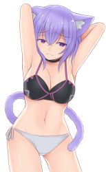 Rule 34 | 1girl, animal ear fluff, animal ears, armpits, arms behind head, arms up, black bra, black choker, bra, breasts, cat ears, cat girl, cat tail, choker, collarbone, commentary, cowboy shot, hair between eyes, highres, hololive, large breasts, looking at viewer, navel, nekomata okayu, noise (tsuzuki), panties, purple eyes, purple hair, short hair, side-tie panties, simple background, smile, solo, split mouth, tail, underwear, underwear only, virtual youtuber, white background, white panties