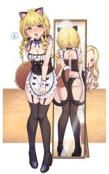 2girls animal_ears ass black_panties black_thighhighs blonde_hair blood blush braid breasts cat_ears cat_tail cleavage embarrassed fake_animal_ears fake_tail fang fujita_kotone full-length_mirror full_body gakuen_idolmaster garter_straps highres idolmaster juo_sena long_hair maid mirror multiple_girls nosebleed open_mouth panties purple_eyes shennai_misha small_breasts tail thighhighs thumbs_up twin_braids unconventional_maid underwear yellow_eyes