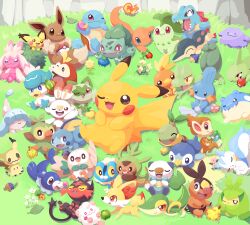 Rule 34 | :d, absurdres, berry (pokemon), bright pupils, brown eyes, bulbasaur, bush, charmander, chespin, chikorita, chimchar, claws, closed eyes, commentary request, creatures (company), cyndaquil, day, ditto, eevee, fangs, fennekin, flame-tipped tail, flower, froakie, fuecoco, game freak, gen 1 pokemon, gen 2 pokemon, gen 3 pokemon, gen 4 pokemon, gen 5 pokemon, gen 6 pokemon, gen 7 pokemon, gen 8 pokemon, grass, grookey, hatenna, highres, holding, larvitar, leaf, litten, lying, mimikyu, mudkip, nintendo, no humans, one eye closed, open mouth, oran berry, oshawott, outdoors, pachirisu, pichu, pikachu, piplup, pokemon, pokemon (creature), popplio, quaxly, red eyes, rowlet, scorbunny, sitrus berry, sitting, smile, snivy, sobble, spheal, sprigatito, squirtle, swadloon, swirlix, tepig, tinkaton, torchic, totodile, treecko, ttrtag, turtwig, white pupils, yellow flower