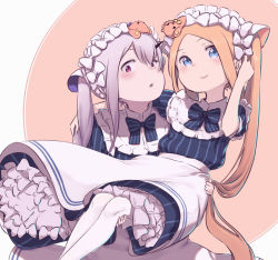 Rule 34 | 2girls, abigail williams (heart of cooking) (fate), abigail williams (fate), animal ears, apron, blonde hair, blue dress, blue eyes, blush, bow, breasts, carrying, cat ears, cook heart (fate), daisi gi, dress, fate/grand order, fate (series), forehead, hair bow, highres, horns, lavinia whateley (fate), long hair, looking at viewer, multiple girls, multiple hair bows, official alternate costume, open mouth, parted bangs, princess carry, puffy short sleeves, puffy sleeves, purple eyes, short sleeves, sidelocks, single horn, small breasts, stuffed animal, stuffed toy, teddy bear, twintails, very long hair, white hair