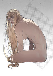 Rule 34 | 1girl, blonde hair, breasts, claymore (series), galatea, hebi utage, large breasts, leaning forward, long hair, looking at viewer, nude, scratches, sitting, sktech, solo, stitches