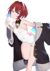 Rule 34 | 1girl, absurdres, ange katrina, ange katrina (1st costume), bare shoulders, black jacket, blue eyes, blue hair, covered navel, dress, hair intakes, hair ornament, hairclip, highres, jacket, long sleeves, looking at viewer, multicolored hair, nijisanji, red hair, short dress, short hair, simple background, solo, standing, standing on one leg, thighs, transparent background, trap (drthumt), two-tone hair, virtual youtuber, white background, white dress