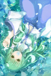 Rule 34 | 1girl, detached sleeves, dutch angle, flower in mouth, frog hair ornament, green eyes, green hair, hair ornament, hair tubes, highres, japanese clothes, keko (artist), kochiya sanae, long hair, long sleeves, looking at viewer, lying, lying on water, matching hair/eyes, miko, navel, on back, partially submerged, petals, shirt, skirt, snake hair ornament, solo, touhou, upside-down, water, wide sleeves