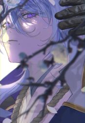 Rule 34 | 1boy, absurdres, black gloves, blue hair, blurry, blurry foreground, branch, bud, closed mouth, commentary request, flower, genshin impact, gloves, hair between eyes, highres, japanese clothes, kamisato ayato, kitsunekotori, male focus, mole, mole under mouth, petals, portrait, purple eyes, simple background, solo, white background, white flower