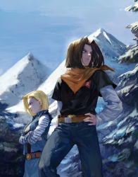 Rule 34 | 1boy, 1girl, absurdres, alternate color, alternate eye color, android 17, android 18, arm at side, backlighting, bandana, belt, black hair, blonde hair, blue sky, brother and sister, commentary, crossed arms, day, denim, denim jacket, denim skirt, dragon ball, dragonball z, earrings, expressionless, eyelashes, feet out of frame, forest, grey eyes, hand on own hip, highres, jacket, jeans, jewelry, long sleeves, looking away, mountain, nature, nazgul (5511474), neckerchief, orange bandana, orange neckerchief, outdoors, pants, pine tree, profile, red ribbon army, serious, shaded face, short hair, siblings, skirt, sky, snow, standing, straight hair, sunlight, tree, twins, upper body, waistcoat