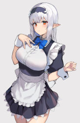 Rule 34 | 1girl, absurdres, apron, black hairband, blue bow, blue bowtie, blush, bow, bowtie, breasts, brown eyes, cowboy shot, dress, elf, frilled dress, frills, grey background, hairband, hand on own chest, highres, large breasts, long hair, looking at viewer, maid, maid apron, original, pointy ears, puffy short sleeves, puffy sleeves, ryou (ponpgo), short sleeves, simple background, solo, white hair, wrist cuffs