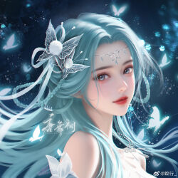 Rule 34 | 1girl, artist request, bare shoulders, blue eyes, blue hair, braided hair rings, bug, butterfly, butterfly hair ornament, circlet, closed mouth, dark, dark background, douluo dalu, from side, glowing butterfly, hair ornament, highres, insect, long hair, realistic, second-party source, smile, solo, tang wutong (douluo dalu), upper body