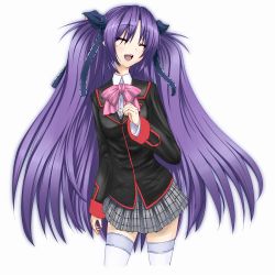 Rule 34 | 1girl, :d, ^ ^, bad id, bad pixiv id, bow, closed eyes, couzone, closed eyes, little busters!, long hair, open mouth, pink bow, plaid, plaid skirt, purple hair, sasasegawa sasami, skirt, smile, solo, thighhighs, very long hair, zettai ryouiki